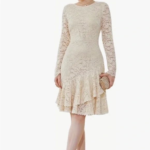 🌹2X HOST PICK🌹TICOSA BEIGE LACE DRESS WITH RUFFLE LAYERED LACE HEM/SZ L - Picture 6 of 14